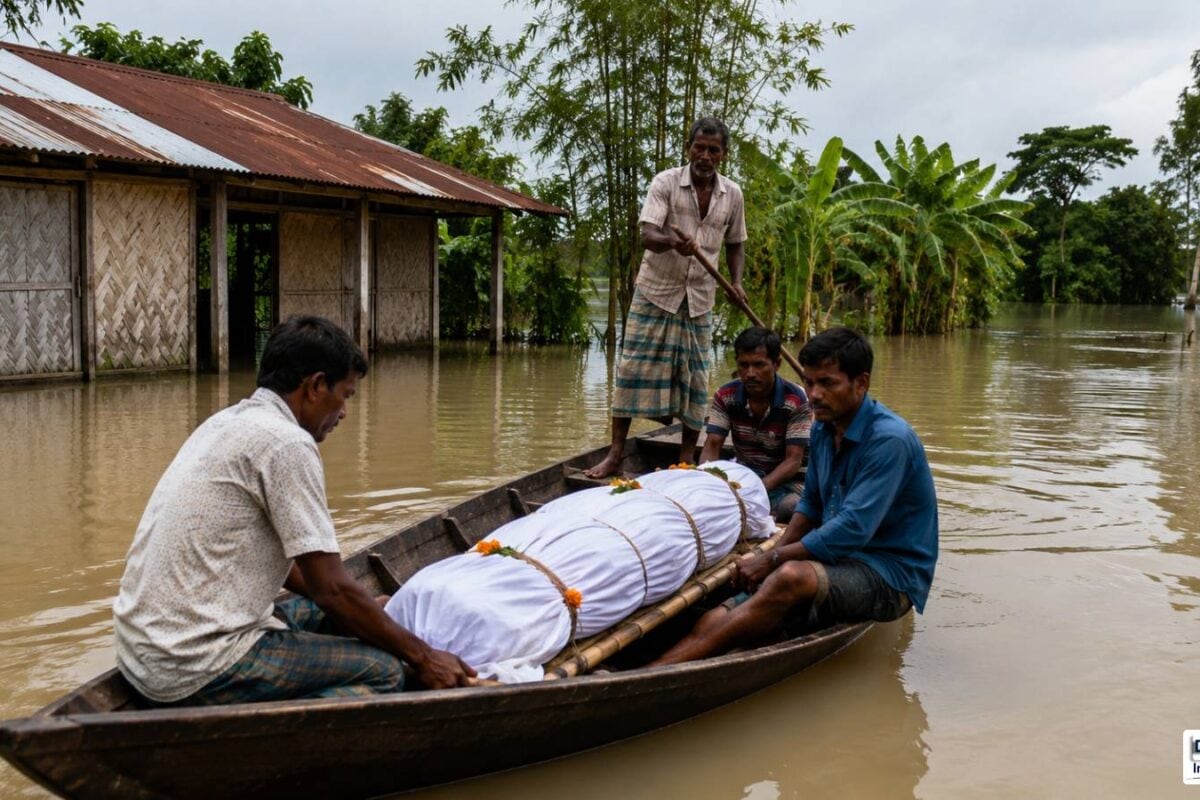 असम में आई बाढ़ की दर्दनाक तस्वीर अंतिम संस्‍कार के लिए नहीं मिली जमीन तो नाव में ही मृतक को दी मुखाग्नि