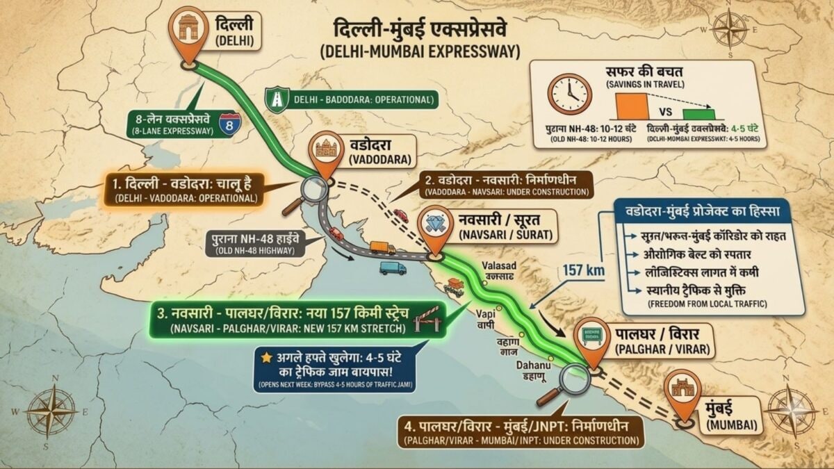 दिल्ली-मुंबई एक्सप्रेसवे: 157 किलोमीटर का नया स्ट्रेच जल्द होगा शुरू, जानें रूट और फायदे