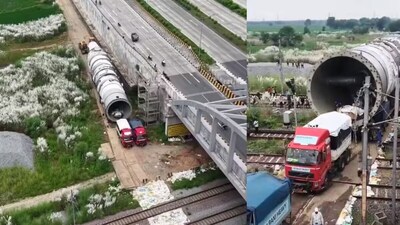 308-Wheeled Giant Truck from Belgium with 200-Ton Machinery Arrives in Bihar, Crowds Gather.