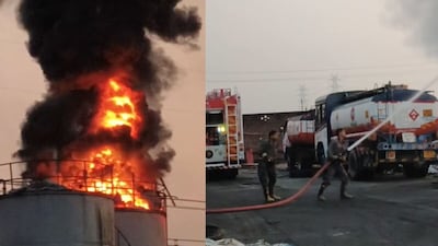  कानपुर देहात के एक फैक्ट्री की तेल के टैंकर में आग लगी. 