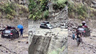 हिमाचल के किन्नौर के टापरी में लैंडस्लाइड में फंसी गाड़ी.