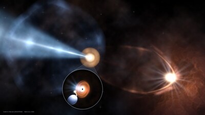माइक्रोक्वेसार IRAS 18293−0941 का एक इलस्ट्रेशन. (Image credit: B. Marcote (JIVE/ASTRON))