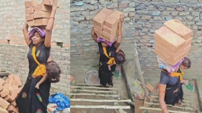 बच्चे को दुपट्टे खुद से बांधकर काम करती मां(फोटो:X-@shayar00123)