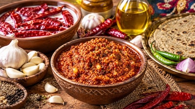 राजस्थानी लहसुन लाल मिर्च की चटनी घर पर सिलबट्टे से बनाने का आसान तरीका जानें. (इमेज AI)