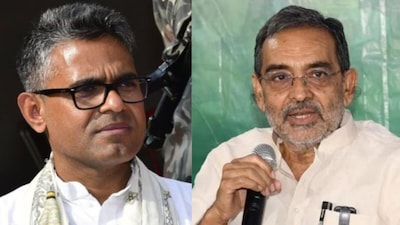 रालोमो विधायक दल के नेता माधव आनंद और पार्टी के राष्ट्रीय अध्यक्ष उपेंद्र कुशवाहा. 