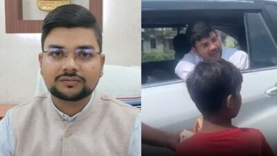 डीएम बायसी क्षेत्र में कूड़ा-कचरा चुन रहे एक बच्चे को देखकर अपनी गाड़ी रुकवाते हैं. वह बच्चे को बिस्किट देते हैं.