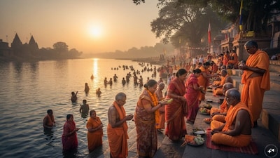 तुला संक्रांति के दिन पवित्र नदी में स्नान करने के बाद दान करते हैं. (Photo: AI)