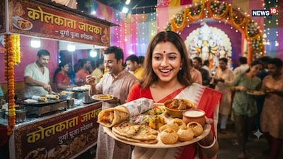 कोलकाता के दुर्गापूजा पंडालों से लेकर दिल्ली-एनसीआर के सजे-धजे पंडालों तक, स्ट्रीट फूड और पारंपरिक बंगाली व्यंजनों की धूम देखते ही बनती है.(AI Image)
