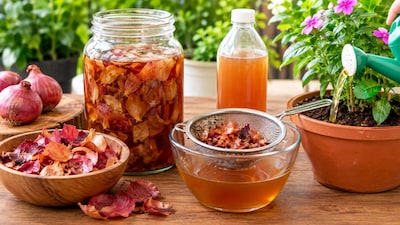 प्याज के छिलकों से बनाएं पौधों की लिक्विड खाद (इमेज AI)