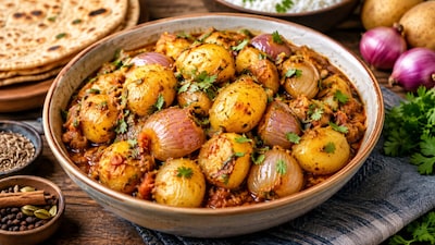 छोटे आलू-प्याज की फ्राई सब्जी, आसान रेसिपी (इमेज AI)