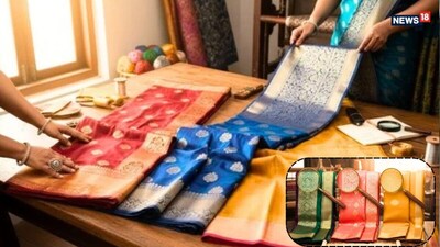 कांजीवरम में बॉर्डर और मजबूत ट्रेडिशनल वेव पर ध्यान दें, बनारसी में ब्रोकेड और जरी वाली बुनाई को देखें और मैसूर सिल्क में सॉफ्टनेस को नोटिस करें.(Image AI)