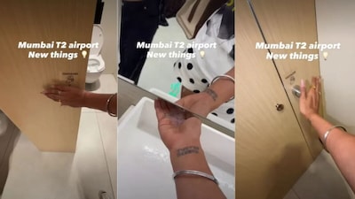 Viral video of touchless washroom at Mumbai airport shows sensor faucets and doors.