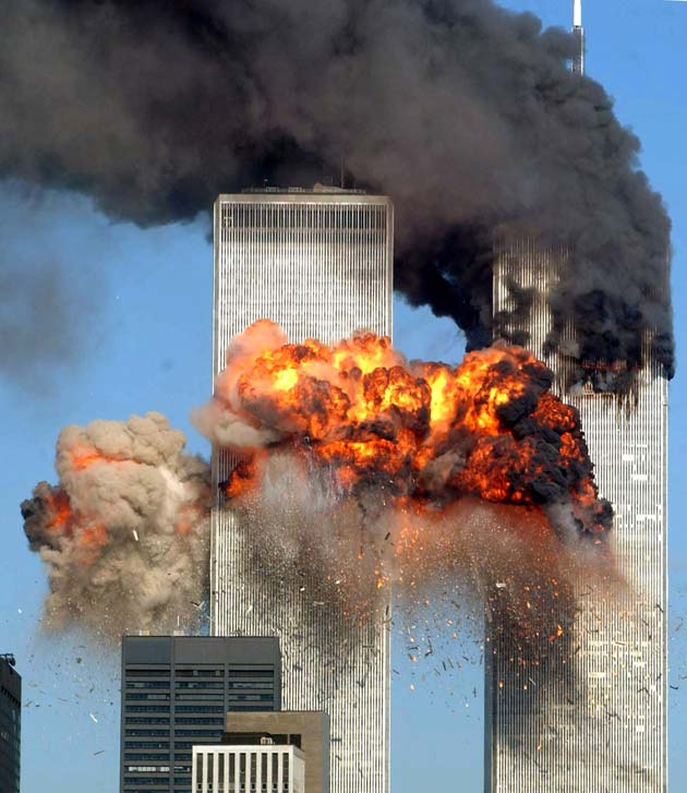 Hijacked United Airlines Flight 175 from Boston crashes into the south tower of the World Trade Center and explodes at 9:03 am on September 11, 2001 in New York City. The crash of two airliners hijacked by terrorists loyal to al Qaeda leader Osama bin Laden and subsequent collapse of the twin towers killed some 2,800 people.