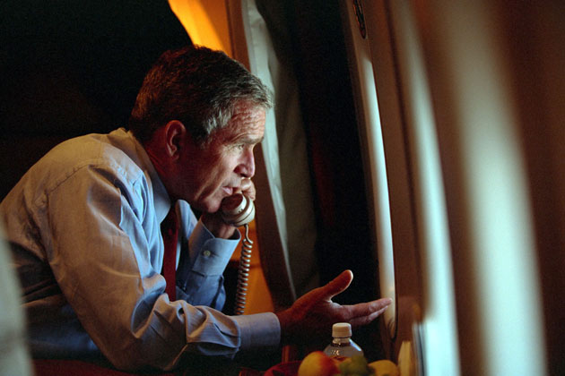 US President George W Bush speaks to Vice President Dick Cheney by phone aboard Air Force One September 11, 2001 after departing Offutt Air Force Base in Nebraska.