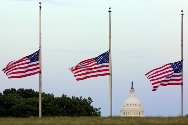 American flags fly at half staff on the grounds of the Washington Monument in memory of the victims of the terror attacks in New York City and at the Pentagon September 17, 2001 in Washington, DC.