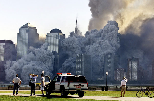 The remaining tower of New York's World Trade Center, Tower 2, dissolves in a cloud of dust and debris about a half hour after the first twin tower collapsed September 11, 2001. Each of the towers were hit by hijacked airliners in one of numerous acts of terrorism directed at the United States September 11, 2001. The pictures were made from across the Hudson River in Jersey City, New Jersey.