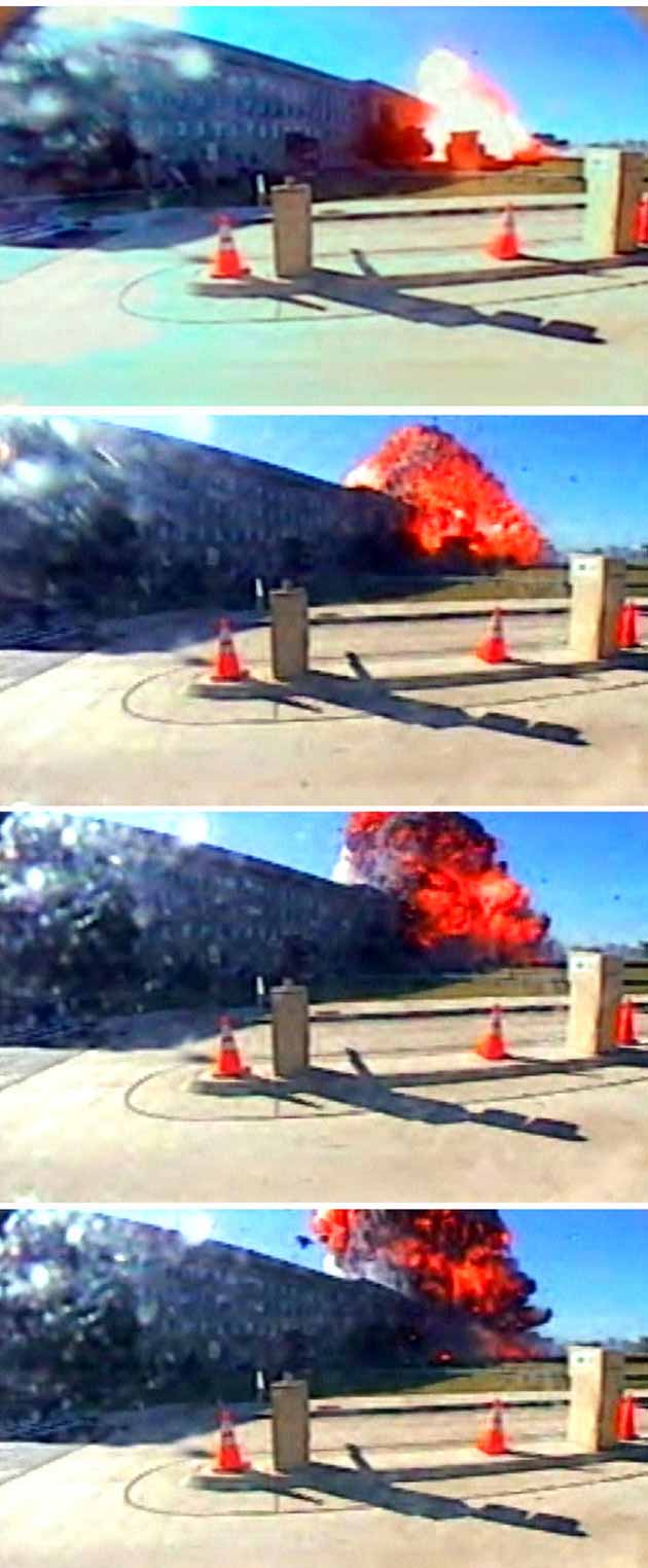 This combination image obtained from a Pentagon surveillance camera and released March 7, 2002, shows a fireball from the impact of hijacked American Airlines Flight 77 that crashed into the building September 11, 2001. The image was made available to law enforcement agencies to aid in the investigation of the events of that day.