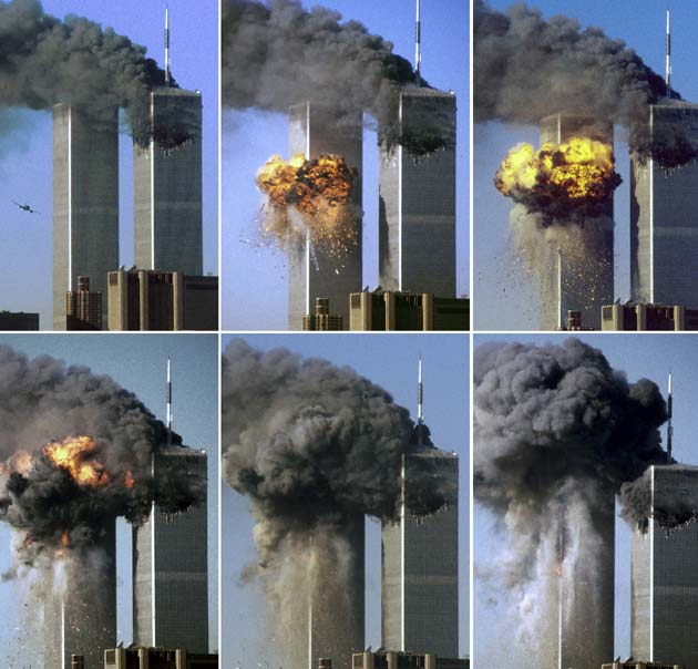 Combination photo shows hijacked United Airlines Flight 175 as it approaches and impacts the World Trade Center's south tower bursting into flames and raining a hail of debris on lower Manhattan in New York September 11, 2001. A gaping hole in the north tower (R) can be seen following a similar attack earlier in the day.