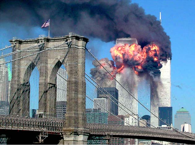 The second tower of the World Trade Center bursts into flames after being hit by a hijacked airplane in New York in this September 11, 2001. Al Qaeda leader Osama bin Laden was killed in a firefight with US forces in Pakistan on May 1, 2011, ending a nearly 10-year worldwide hunt for the mastermind of the September 11 attacks. The Brooklyn bridge is seen in the foreground.