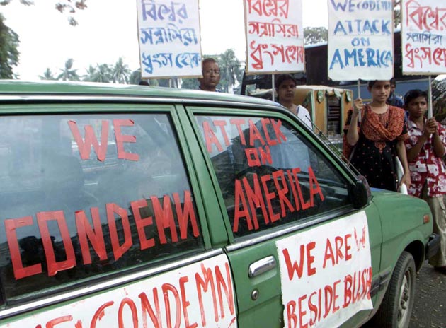 Bangladesh condemns terror attacks on US in Dhaka on September 12, 2001. Bangladesh beefed up security around the US embassy in Dhaka following the terrorist attacks in Washington and New York.