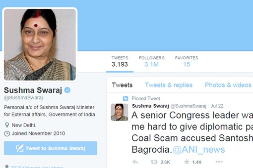 Now, Sushma Swaraj categorises Twitter handle as 'personal'