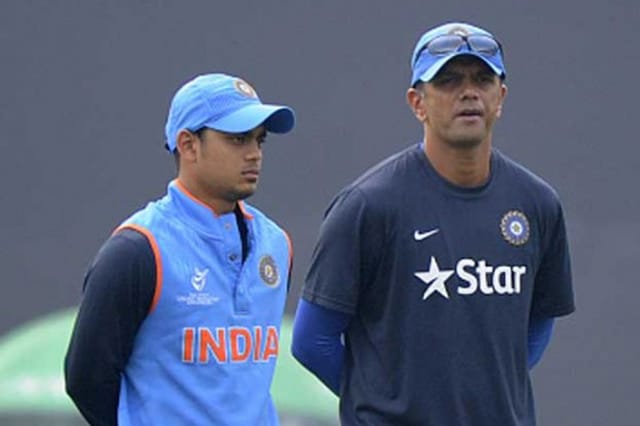 File photo of India Under-19 coach Rahul Dravid with the 2016 World Cup team's captain Ishan Kishan.