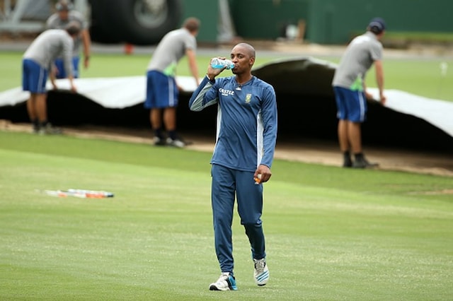 Aaron Phangiso attends the South Africa team training session.