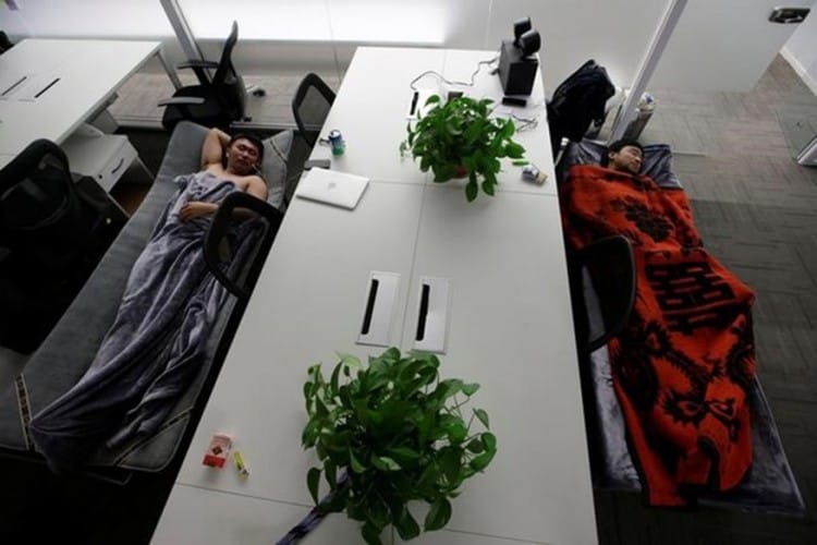 The Wider Image: Working, eating and sleeping at the office