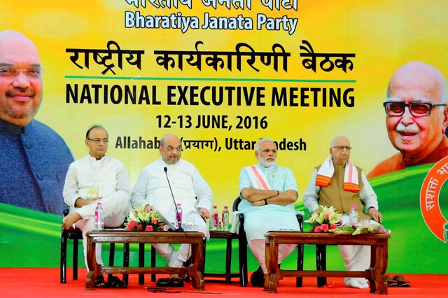 Narendra Modi, Amit Shah, Arun Jaitley and LK Advani at the BJP National Executive Meeting (PTI)