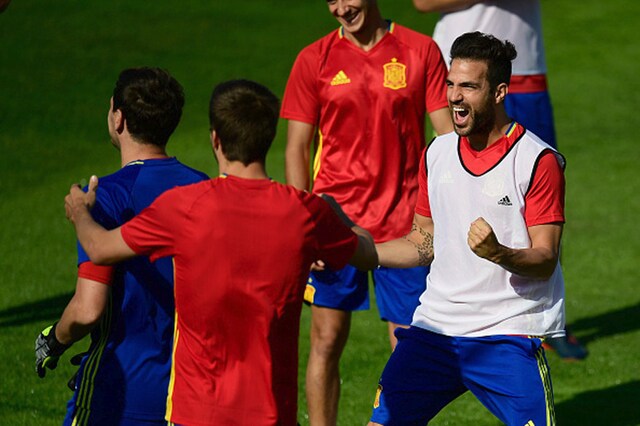 Spain's midfielder Cesc Fabregas reacts during a training session in Saint-Martin-de-Re.  (Photo Credit: Getty Images)
