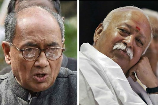 File photo of Congress General Secretary Digvijaya Singh (L) and Mohan Bhagwat (R), chief of Rashtriya Swayamsevak Sangh (RSS). File photo of Congress General Secretary Digvijaya Singh (L) and Mohan Bhagwat (R), chief of Rashtriya Swayamsevak Sangh (RSS).