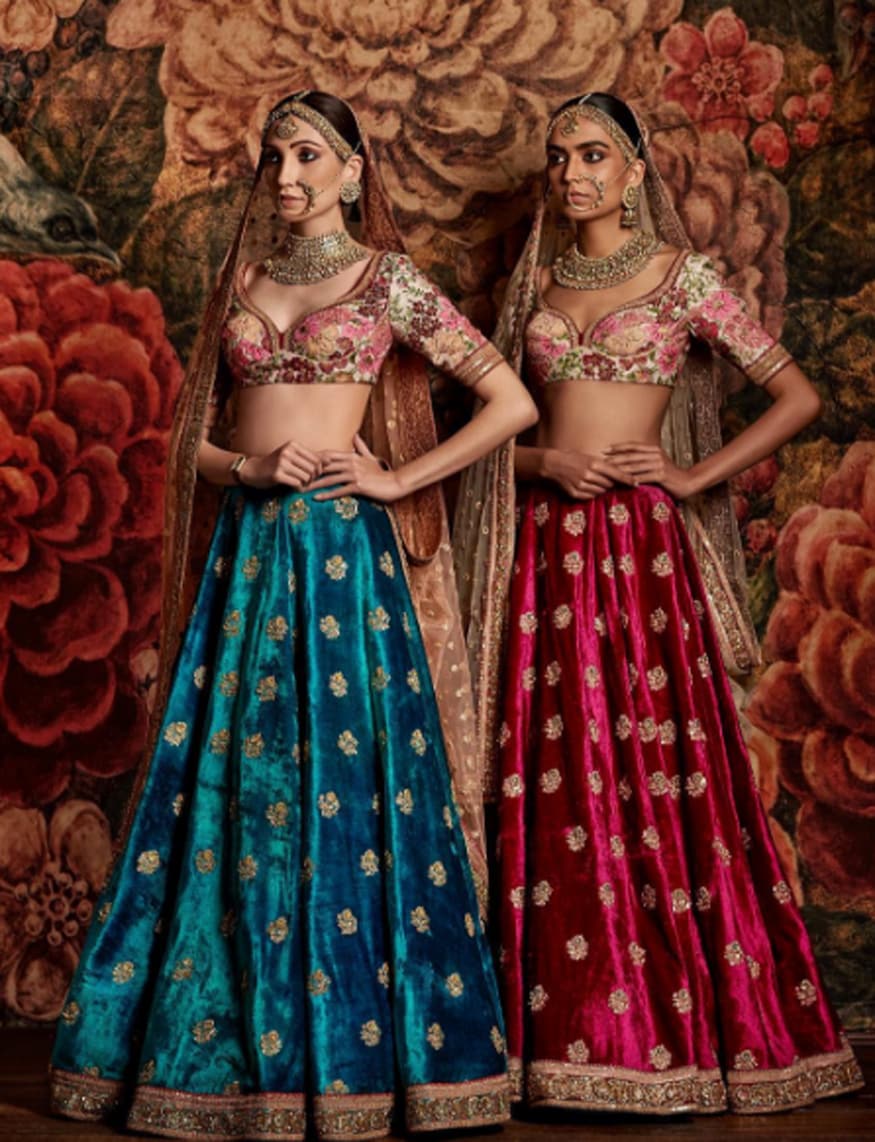 Red Velvet Lehenga Embellished In Floral Motif Embroidery Online - Kalki  Fashion