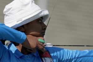 Deepika Kumari aims for the target during an individual ranking round. (Photo Credit: Getty Images)