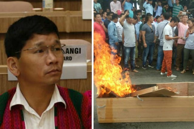 Supporters of ex-Arunachal Pradesh CM Kalikho Phul (L) burned the coffin meant for him and demanded that he should be buried inside the house where he committed suicide/ANI
