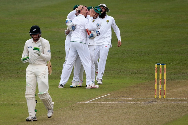 An image from day  two of the first Test as the South African team celebrates fall of a New Zealand wicket. (AFP)