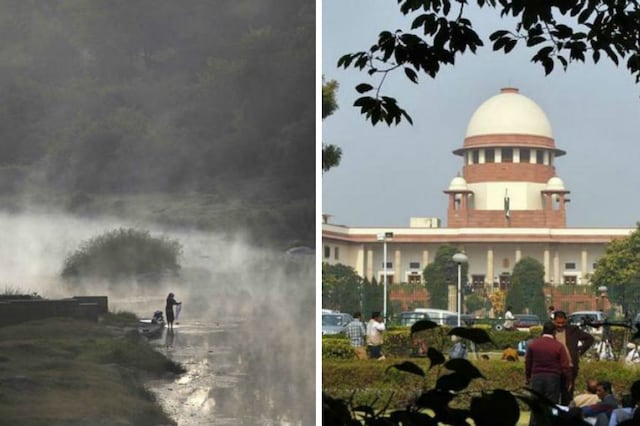 A woman (Left) washes clothes in the river Cauvery, or Kaveri, on a cold winter morning in Kushalnagar town, Karnataka and a file photo of Supreme Court (Right) in New Delhi.