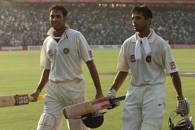 VVS Laxman (and Rahul Dravid of India leave the field at the end of play after batting the entire day, after day four of the 2nd Test between India and Australia at Eden Gardens in 2001. (Getty Images)