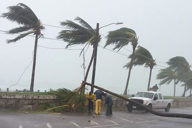 Maintenance workers try to remove a tree from a road in Nassau, New Providence island in the Bahamas after the passing of Hurricane Matthew. Category 4 storm was headed for the southeast coast of the US. (PHOTO: GETTY IMAGES)