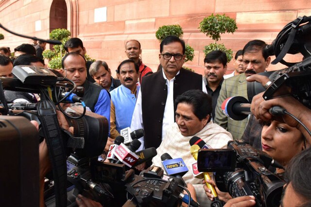 BSP leader Mayawati talks to reporters outside Parliament on Thursday. (Photo: Pankaj Tomar)