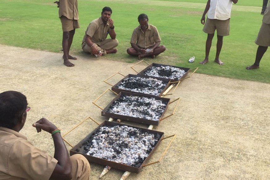 India vs England, 5th Test: Groundsmen Use Burning Coal to Dry Pitch at MA Chidambaram Stadium in Chennai