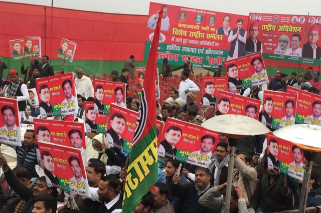 Supporters at Chief Minister Akhilesh Yadav’s national convention on Sunday. (Photo: Nizam Ansari)