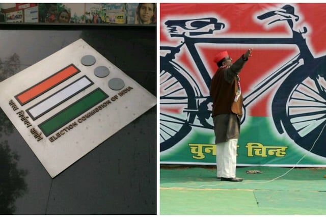 A Samajwadi Party worker (R) gestures in front of a banner with the party's electoral symbol - Cycle and EC office (L). (Photos: Reuters and News18's Umesh Sharma)