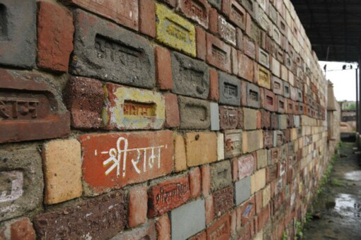 Bricks with Shri Ram written on them stores at workshop run by VHP for preparation to build Ram temple in Ayodhya.