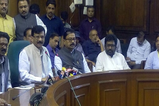 Shiv Sena MP Sanjay Raut addresses the media on Thursday.