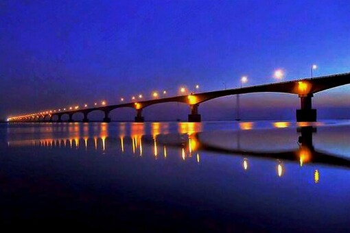 Sadia (Assam): A view of the country's longest Dhola-Sadia bridge over Lohit river in Assam that was inaugurated by Prime Minister Narendra Modi on Friday. The 9.15 km-long bridge will connect Assam and Arunachal Pradesh. (Image: PTI)