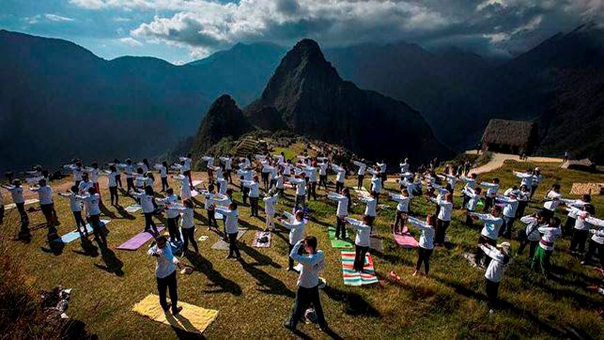 Indian armed forces and their families members perform Yoga on the