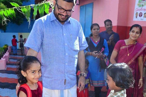 CPM's Kerala MP MB Rajesh admitting his second daughter Priyadutta at government L P School at Eastyakkara in Palakkad.