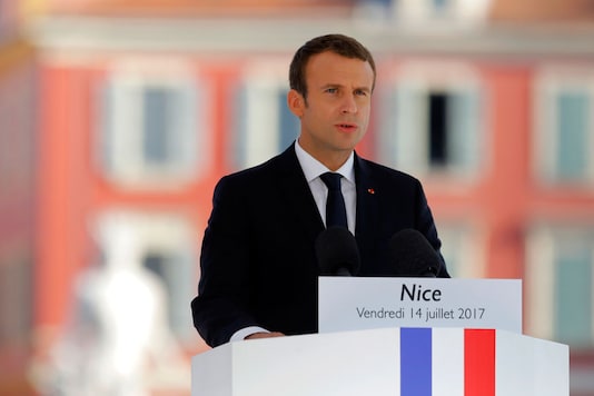 File photo: French President Emmanuel Macron delivers a speech during a ceremony in Nice, southern France (AP)
