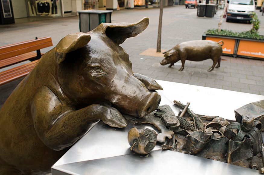 Officially known as ‘A Day Out’ this 4 life-size pigs have become icons of the area since they were put up in 1999 and are proof of how public sculptures have the ability to transform the atmosphere of an area for the better. (Image: Getty Images)