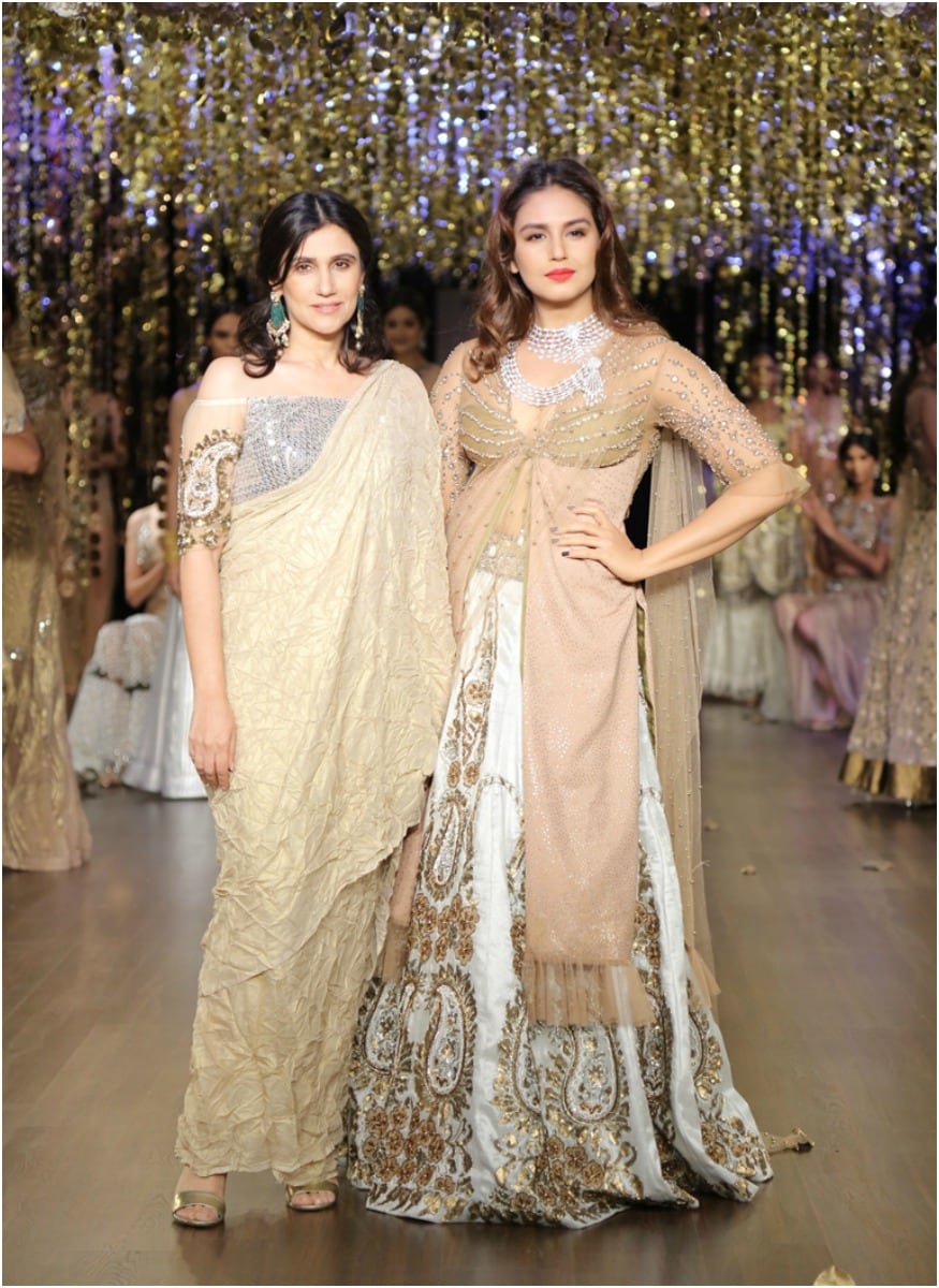 (Photo: Huma Qureshi with designer Rina Dhaka on the final day of FDCI India Couture Week 2017)